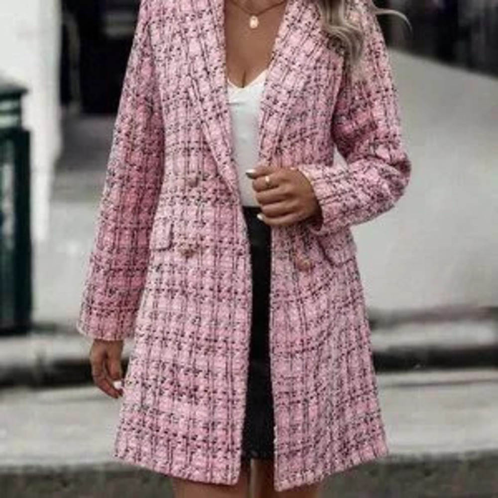 Pink Preppy Womens Plaid Pattern Double Breasted Tweed Overcoat
